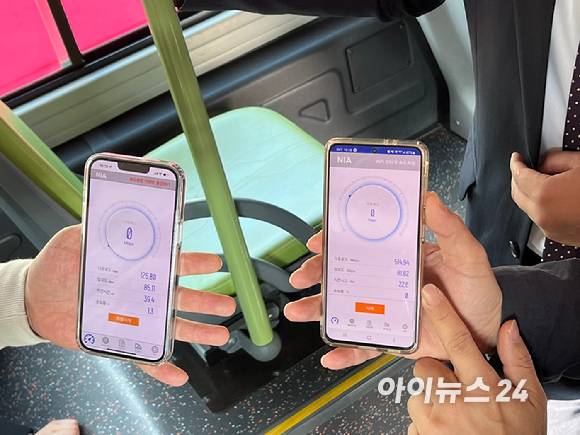 5G로 업그레이드된 버스와이파이 속도 측정 결과. 2.4GHz 와이파이 대역에 연결(왼쪽)했을 때와 5GHz 대역(오른쪽)에 연결했을 때 비교.