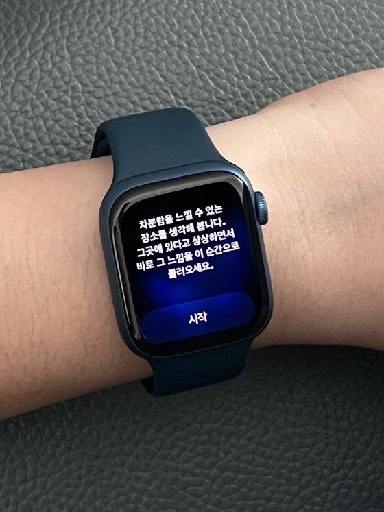 애플 워치 7의 마음 챙기기 기능. 명상에 도움이 되는 글귀를 다양하게 제공한다. 김경진 기자
