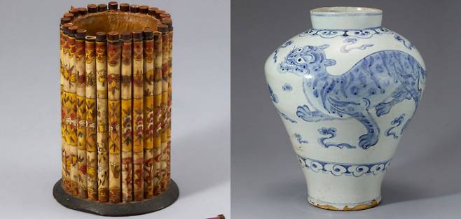 화각 기법으로 만들어진 대나무 필통(왼쪽 사진)과 중국의 청화백자 항아리인 백화청화호치문호(오른쪽)는 다보성 갤러리에서 열리는 ‘한·중 문화유산 재발견’ 전시에서 처음으로 선보이는 문화재급 유물이다. 다보성 갤러리 제공