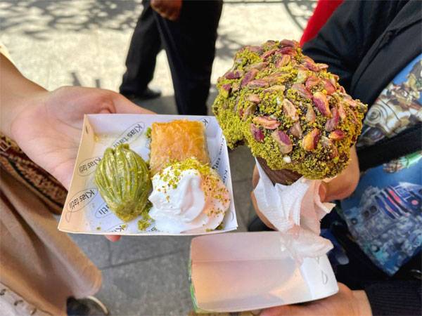 `피스타치오 천국` 가지안테프에서 맛본 디저트. 피스타치오 맛이 진하게 나는 페이스트리 식감의 바클라바, 눈과 입이 모두 즐거운 피스타치오 터키 아이스크림을 골랐다.