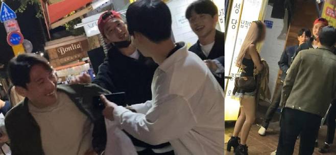 노마스크 거리 활보 논란으로 물의를 일으켜 잔여 경기 출전 정지 징계를 받은 박한빈(가운데), 정승원(오른쪽) 선수. 이날 자리에 함께한  경남FC 소속 김동진 선수. (사진=영남일보, 온라인 커뮤니티)