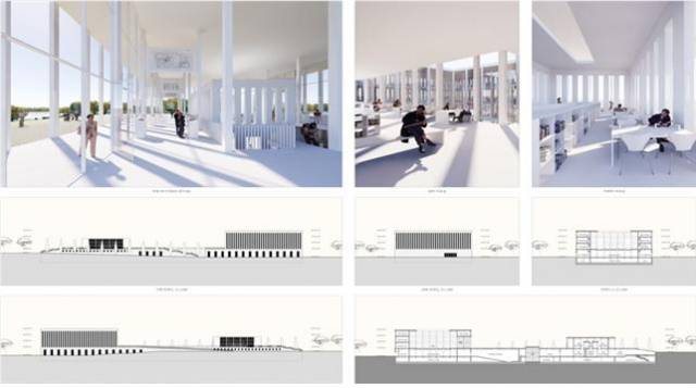 ▲전북대표도서관 건축설계 공모 당선작의 입면, 단면, 내부 투시도. ⓒ전북도