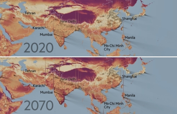 연구팀은 현재 연평균 기온 29℃ 이상인 곳은 지구 면적의 약 0.8% 정도에 불과하지만, 2070년이면 지구 면적의 19%로 확대될 것이라 전망했다. 사하라 사막과 맞먹는 ‘치명적 더위’에 허덕이는 인구도 현재 2000만 명에서 2070년 최대 35억명으로 늘어날 것으로 내다봤다. 대부분은 냉방장치가 없는 곳에서 더위와 싸우게 될 것이며, 이에 따른 ‘에어컨 권력’이 생겨날 것으로 전문가들은 예상한다.