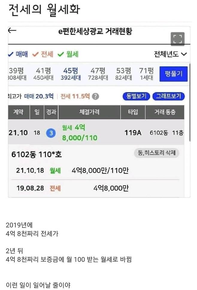 2019년 8월 4억8000만원이었던 전세가 2021년 10월 4억8000만원 보증금에 월세 110만원이 됐다.