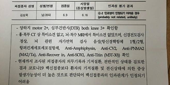 질병관리청 공문 질병관리청은 김성욱 일병의 질환이 백신과 인과관계를 찾을 수 없다고 밝혔다. 김 일병 제공. 재판매 및 DB 금지.