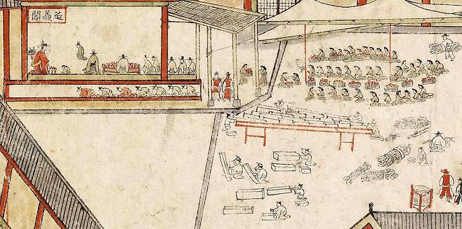 조선시대 탐라순력도 '감귤봉진' 일부분 (제주=연합뉴스) 조선 숙종 1702년 제주목사로 부임한 이형상이 화공 김남길에게 남기도록 한 채색 화첩 '탐라순력도' 감귤봉진의 일부분을 확대한 그림. 감귤을 임금에게 진상하기 위한 작업과정이 잘 묘사돼 있다. 2021.11.7 [제주도 제공, 재판매 및 DB 금지]