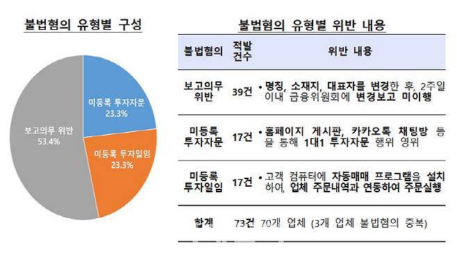 유사투자자문업자 불법혐의 유형별 비중 및 내용.(자료=금감원)
