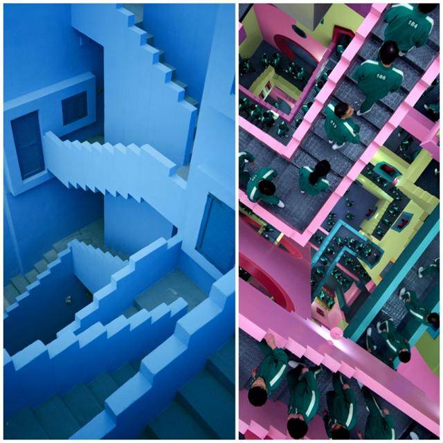 1973년 완공된 스페인 남부의 작은 해안 마을 칼페에 있는 아파트 '라 무라야 로하'의 계단실(왼쪽 사진)과 올해 넷플릭스 최대 흥행을 기록한 한국 드라마 '오징어 게임'에 나오는 계단실(오른쪽). RBTA 홈페이지 캡처·넷플릭스 제공