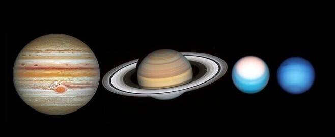 왼쪽부터 올해 촬영한 목성, 토성, 천왕성, 해왕성. 나사 제공