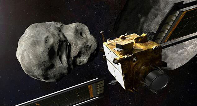 다트 우주선이 소행성 디모르포스와 충돌하기 직전의 모습을 나타낸 상상도.(사진=AFP 연합뉴스)