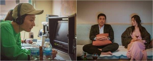 머리카락을 바짝 밀고 “잘하고 싶다”는 의지로 영화 ‘장르만 로맨스’ 촬영현장을 연출자로서 지휘한 조은지 감독(왼쪽 사진)과 영화 ‘장르만 로맨스’의 한 장면. 사진제공｜NEW