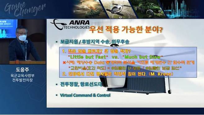 도응주 육군교육사령부 전투발전2차장은 23일 서울 성북구 한국과학기술연구원(KIST) 존슨강당에서 열린 ‘코리아 매드 사이언티스트 콘퍼런스’의 두 번째 세션인 UAM 세션에서 발표하고 있다. 유튜브 캡처