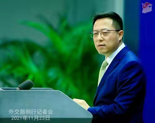 자오리젠 중국 외교부 대변인의 23일 기자회견 모습. 중국 외교부 제공