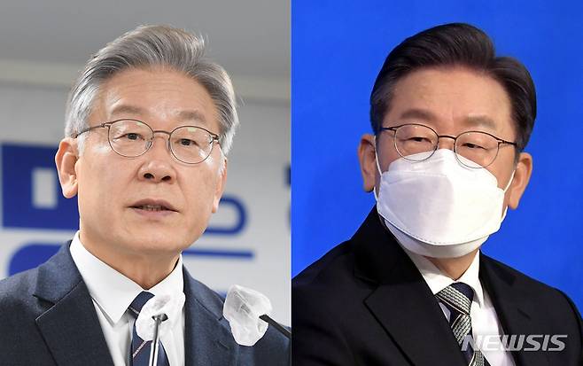 [서울=뉴시스] 이재명 더불어민주당 대선 후보가 25일 회색 머리를 검은 머리로 염색했다. 사진은 지난 24일 이 후보가 서울 여의도 중앙당사에서 주요 당직자 일괄 사퇴 관련 취재진 질문에 답변하는 모습(왼쪽 사진)과 25일 서울 동작구 복합문화공간 숨에서 열린 '군대 내 성폭력 OUT, 인권 IN' 여성군인들과 간담회에 참석한 이 후보 모습. (사진=뉴시스 DB) 2021.11.25. photo@newsis.com