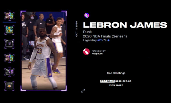 NBA스타 르브론 제임스의 덩크슛과 세리머니 NFT 영상 판매 페이지. 사진=NBA 톱 샷 갈무리.