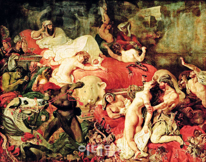 외젠 들라크루아의 ‘사르다나팔루스의 죽음’(1827). 낭만주의 회화의 창시자로 불리는 들라크루아의 작품은 역동적 동작과 격정적 표현, 강렬한 색을 입은 인물들이 주도한다. ‘폭발적 상상력’이 만들었다고 평가하는 ‘사르다나팔루스왕’이 대표적. 머리보다 눈을 현혹하는 드라마틱한 장면을 주도하며 전쟁마저 감미롭게 바꿔놨다. 피 한 방울 없이 붉은 물감과 꿈틀대는 곡선만으로 잔인한 폭력의 완결판을 보여준다. 캔버스에 유채, 392×496㎝, 프랑스 파리 루브르박물관 소장.