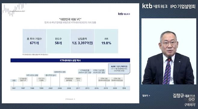 김창균 KTB네트워크 대표이사가 29일 열린 온라인 기업공개(IPO) 설명회에서 브리핑을 하고 있다./사진=KTB네트워크 제공