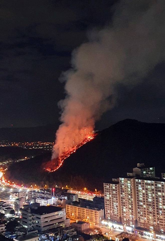 [부산=뉴시스] 29일 오후 부산 북구 덕천동의 한 아파트 뒤 야산 3부 능선에서 원인이 밝혀지지 않은 불이 났다. 2021.11.29. (사진=부산경찰청 제공). photo@newsis.com *재판매 및 DB 금지