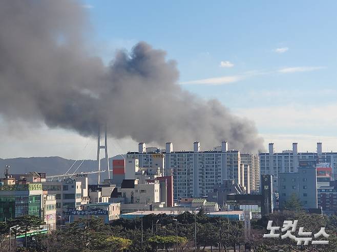 29일 오후 2시 52분쯤 광양시 항만11로(중동) 일대의 한 목재·합판 취급상점에서 화재가 발생해 소방 당국이 진화작업에 나섰다. 유대용 기자