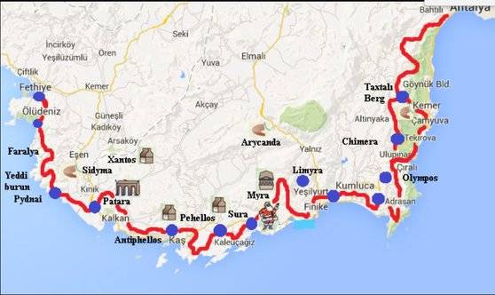 리키안웨이 지도. 왼쪽에 페티예가 있고 오른쪽 끝에 안탈리아시가 있다.