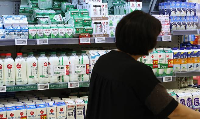 한 소비자가 서울 시내 한 대형마트 우유 및 유제품 판매대 앞을 지나가고 있다. /연합뉴스