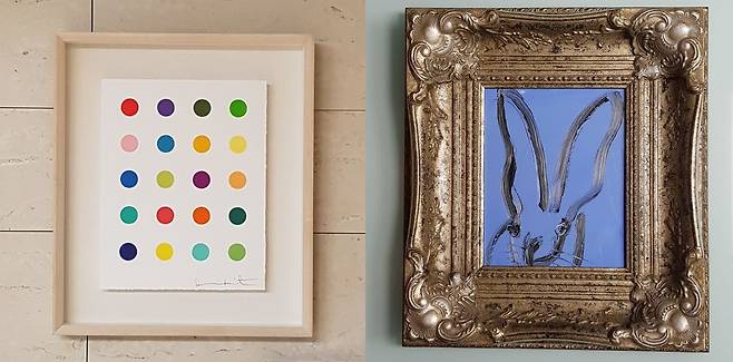 왼쪽부터 데미안 허스트의 목판화, 헌트 슬로넴의 '버니(Bunny)'. 버니의 액자는 슬로넴이 벼룩시장에서 직접 구매한 앤티크 제품이다. /컬렉터 A씨 제공