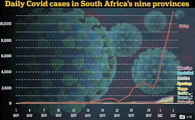 남아프리카공화국(남아공), 코로나19 변이바이러스인 오미크론의 영향으로 신규 확진자 수 급증. 사진=남아공 신규 확진자 변화 추이 그래프