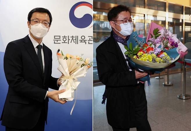 문화체육관광부 김현환 제1차관(왼쪽)과 오영우 제2차관이 차관 임명 이후 첫 출근길에 꽃다발을 받았다.