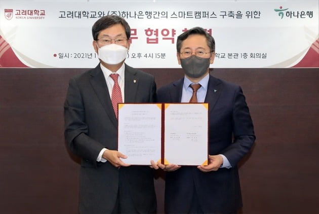 박성호 하나은행장(오른쪽)이 고려대 서울캠퍼스에서 정진택 고려대 총장과 '고려대학교 스마트 캠퍼스 구축을 위한 업무협약'을 체결했다. 하나은행 제공