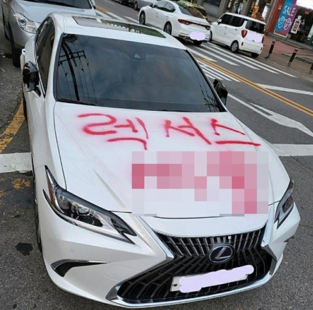 불법 주차한 일본산 브랜드 차량에 래커를 칠한 사진이 커뮤니티에 올라와 누리꾼들이 의견을 내놓았다. /사진=온라인 커뮤니티 캡처