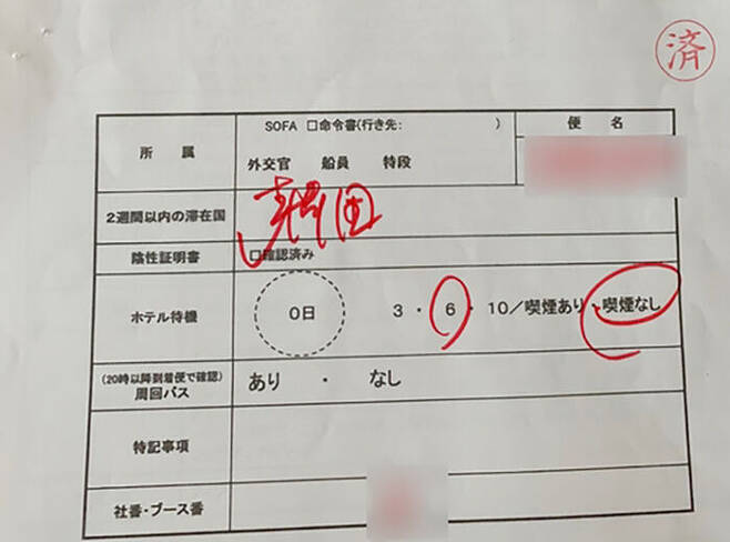 일본 보건 당국이 나리타국제공항으로 입국한 한국인에게 교부한 서류에 도착 전 2주일 동안 체류한 국가가 '한국'이라는 것과 지정한 호텔에서 '6일' 동안 격리해야 한다는 내용이 표시돼 있다.