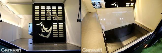 침대 하단부, 수납 공간과 별도의 바닥 적재함이 숨겨져 있다