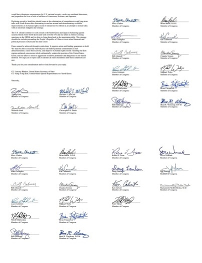 7일(현지시간) 영 김 미국 연방 하원의원이 공개한 종전선언 반대 서한에 실린 미국 의원들의 서명.