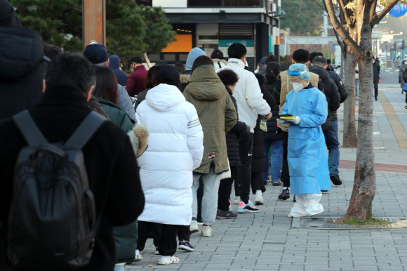 코로나19 꺾이지 않는 기세, 확진 7000명대 - 8일 오전 서울 송파구 송파보건소 신종 코로나바이러스 감염증(코로나19) 선별진료소에서 시민들이 검사를 받기 위해 서 있다. 중대본 회의에서 김부겸 국무총리는 “8일 코로나19 신규 확진이 7000명을 넘어섰다”라고 밝혀 팬데믹 이후 최다 확진자를 기록할 것으로 보인다. 2021.12.8 연합뉴스