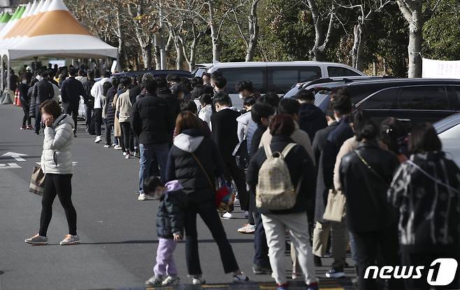 신종 코로나바이러스 감염증(코로나19) 일일 신규 확진자 수가 처음으로 7000명을 넘어선 8일 울산 중구 종합운동장에 마련된 임시 선별검사소에서 시민들이 검사를 받기 위해 줄지어 서 있다. 2021.12.8/뉴스1 © News1 윤일지 기자