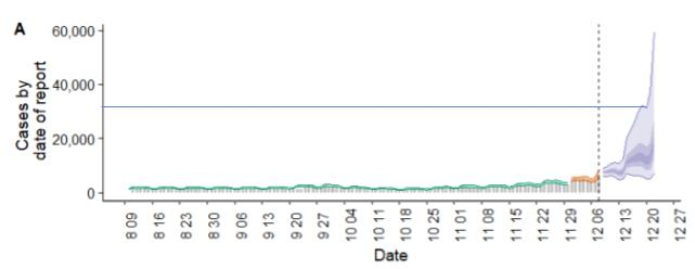 코로나19 확진자 추이가 가파른 상승 곡선을 보이고 있다. 연내 코로나19 일일 확진자가 3만명까지 보고될 수 있음을 보여주는 자료. / 사진=숭실대학교 감염병 수리모델 연구소