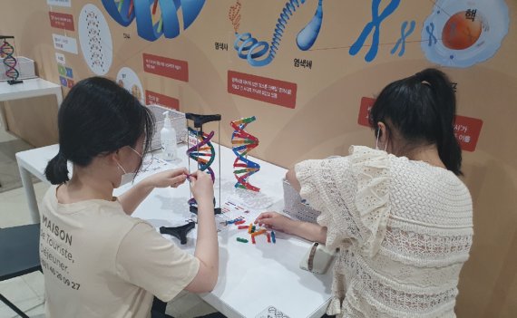 관람객들이 세포 핵 속에 유전정보를 담고 있는 DNA의 이중나선을 만들고 있다. 광주과학관 제공