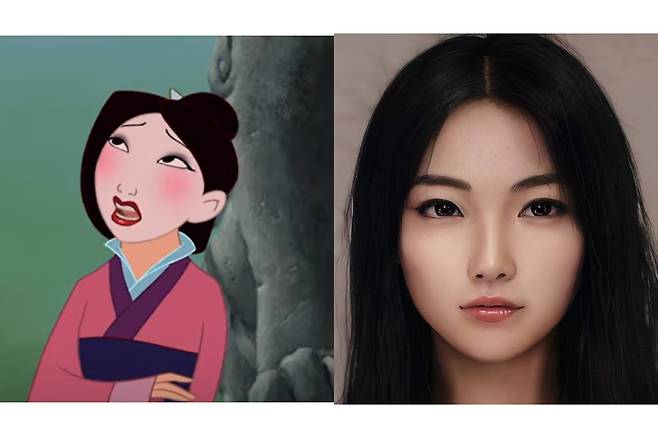 뮬란을 AI로 실사화 한 사진 [디즈니코리아 유튜브 공식영상, 아트브리더 소셜미디어(@artbreeder_anime)]