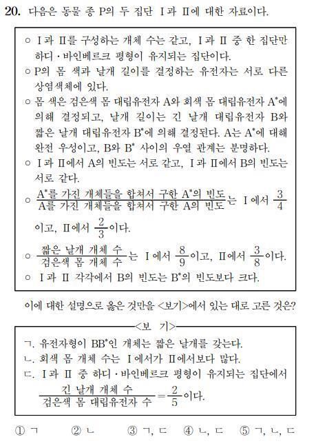 수능 생명과학Ⅱ 20번 문항. /한국교육과정평가원