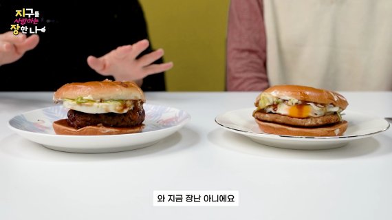 식물성 고기 패티를 넣은 햄버거와 일반 햄버거로 블라인드 테스트를 진행했다/사진=[지구를 사랑하는 장한 나] 유튜브