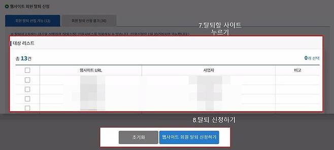 탈퇴하기를 원하는 홈페이지를 체크하면 된다