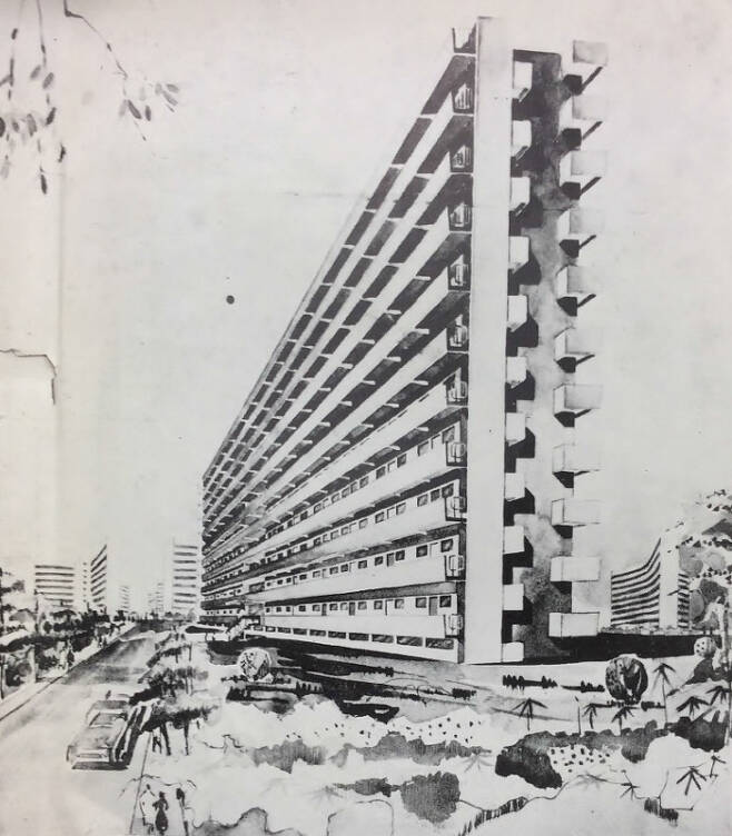 마포아파트 초기 계획안 투시도. 대한주택영단 주택 1961년 12월(7호)
