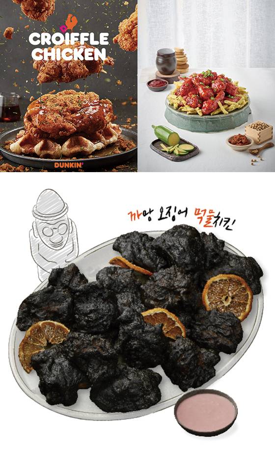 맛과 모양을 달리한 ‘이색 치킨’ 출시가 이어진다. SPC 던킨이 내놓은 ‘치킨 크로플’, 치킨플러스가 예능 프로 ‘대한민국 치킨대전’ 본선 미션 우승 레시피를 제품화한 ‘원헌드RED’, BBQ가 오징어 먹물을 활용해 만든 ‘까먹(물)치킨’. (각 사 제공)