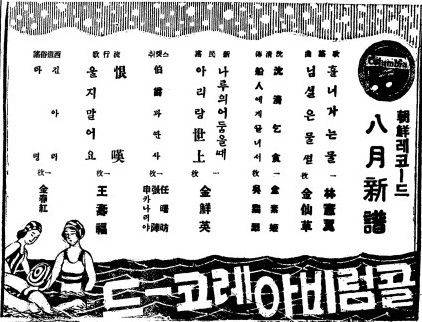 조선일보 1933년 8월11일자에 실린 콜럼비아레코드사의 왕수복 음반 광고. '한탄' '울지말아요'가 실렸다.