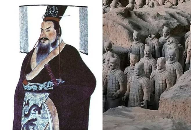 왼쪽은 중국 진시황, 오른쪽은 진시황릉에서 발굴된 병마용 일부