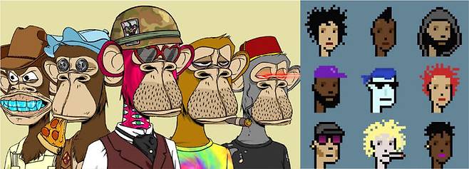 NFT 시장에서 가장 거래액수가 많은 콜렉션 BAYC(왼쪽), 크립토펑크(오른쪽).