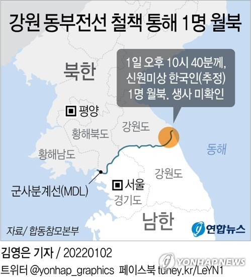 지난 1일 우리 국민으로 추정되는 신원미상자 1명의 월북 사건이 발생한 강원도 동부전선 일대 위치도. /이미지제공=연합뉴스