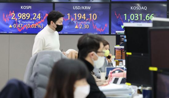 4일 서울 중구 하나은행 본점 딜링룸에서 직원들이 업무를 보고 있다. [이미지출처=연합뉴스]