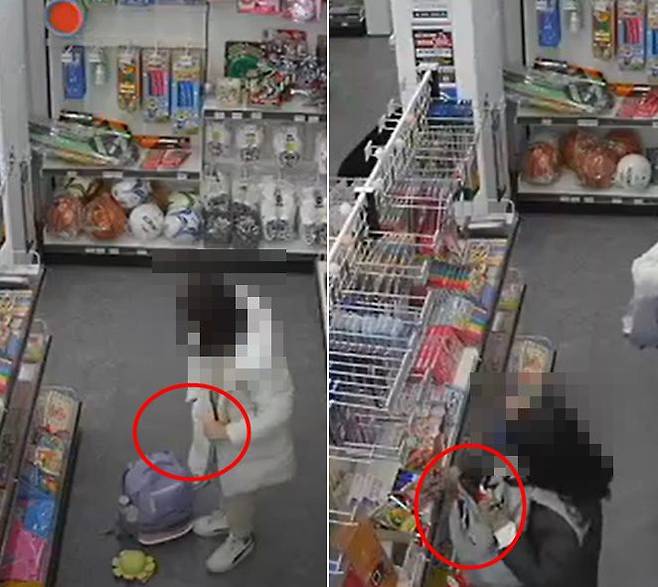 주머니에 넣은 물건을 꺼내 가방에 정리하고 있는 모습과 앞으로 멘 배낭을 열어 물건을 집어넣는 모습. /피해업주 제공