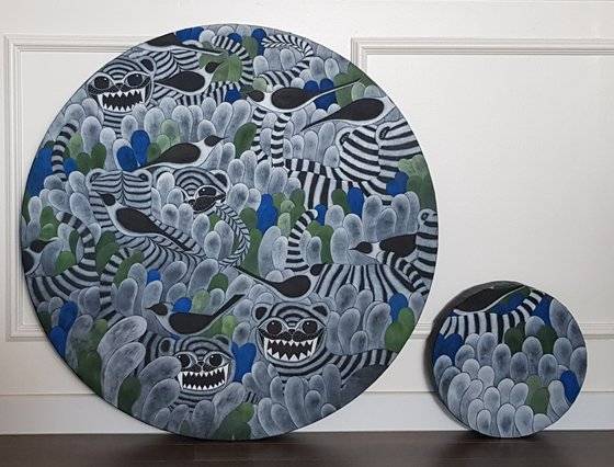 김정연의 호작고우(虎鵲故友)중 일부. 수채화용 캔버스, 먹과 호분, 분채, 2021. [사진 갤러리세인]